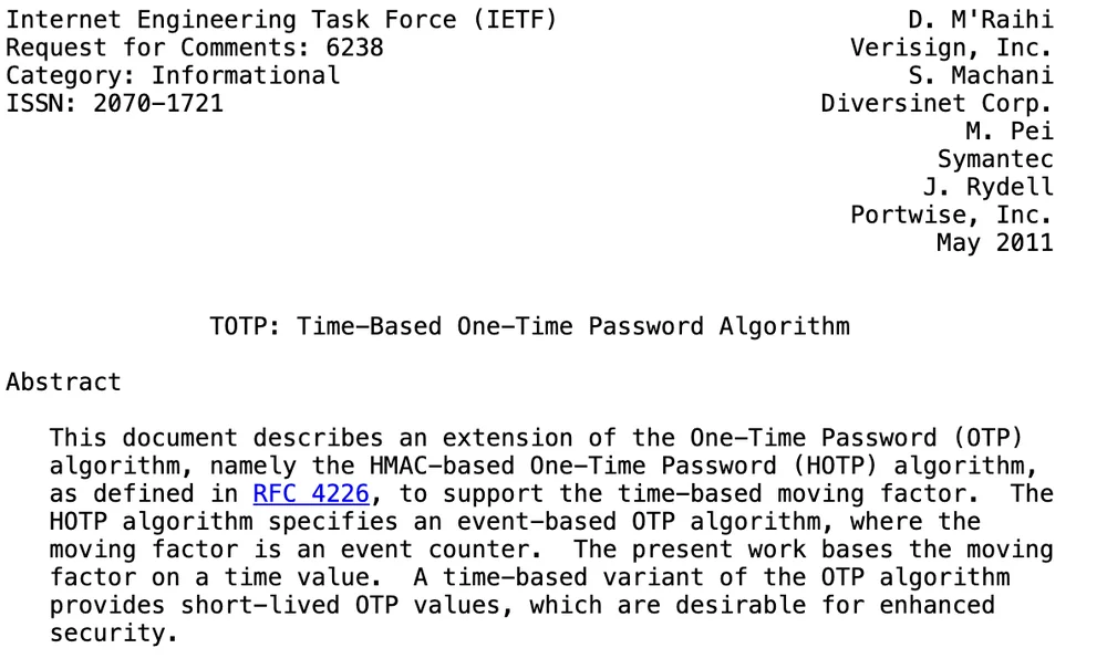 IETF RFC 6238 文档首页,标题为 TOTP: Time-Based One-Time Password Algorithm,分类 Informational,日期 May 2011